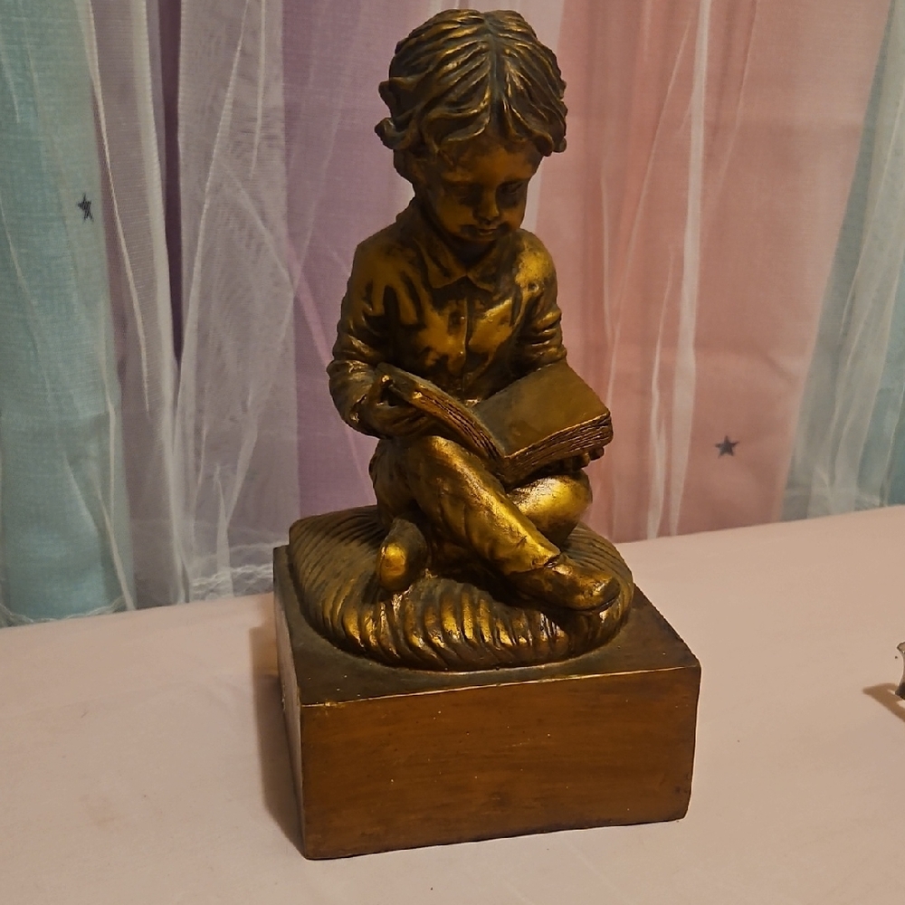 Bronze-Toned Sculpture Bookend of a Child Reading 10 Inches